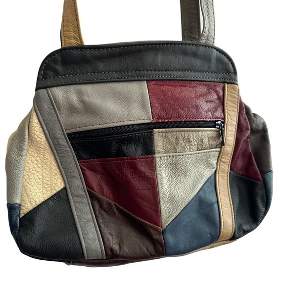VINTAGE PATCHWORK COLORBLOCK LEATHER SHOULDER HOBO STRAP PURSE - Picture 3 of 14